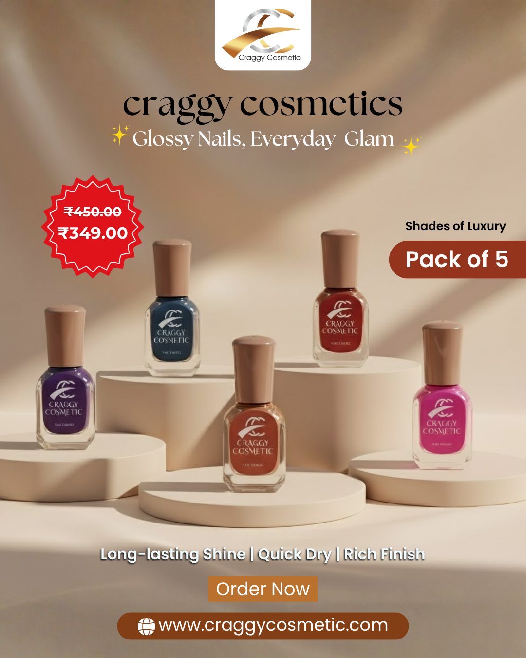 Craggy Cosmetics Quick Glam Nail Polish – Pack of 5 (Glossy Finish, Long-Lasting Shine)