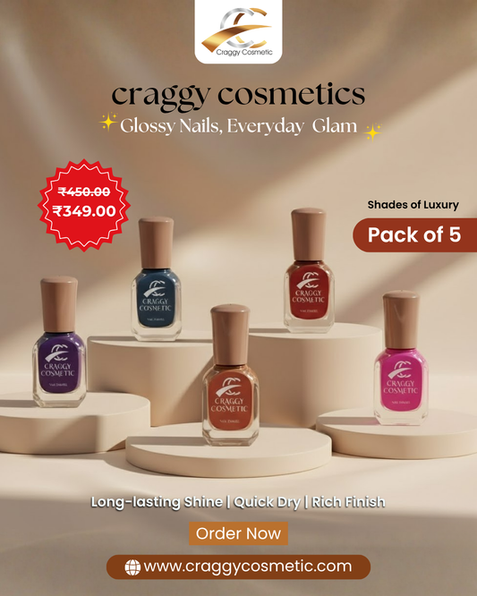 Craggy Cosmetics Quick Glam Nail Polish – Pack of 5 (Glossy Finish, Long-Lasting Shine)