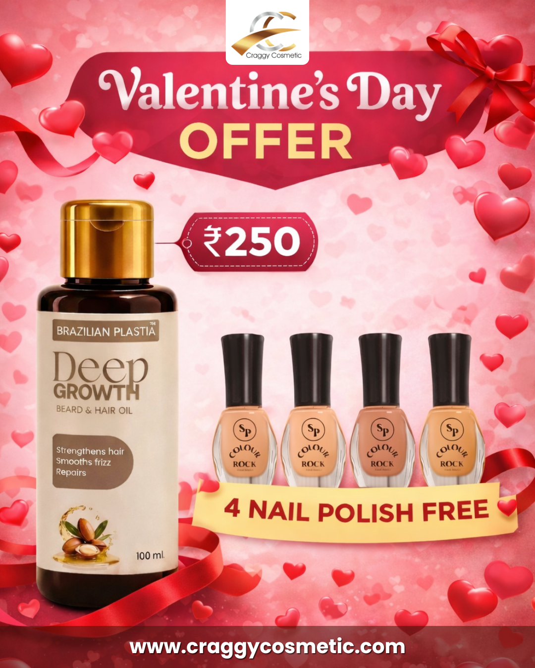 Valentine’s Special Combo – Deep Growth Hair Oil + 4 Free Nail Polishes @ ₹250